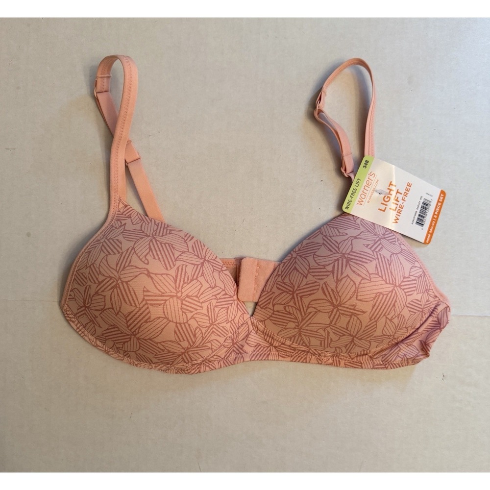 NWT Warners Bra 34B Wire Free Lift Pink Floral Print Light Lift Adjustable Strap